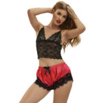 SUBBLIME - 953966 VESTAGLIA DA NOTTE CASUAL IN SETA + PANTALONI IN PIZZO NERO/ROSSO L/XL - immagine 3