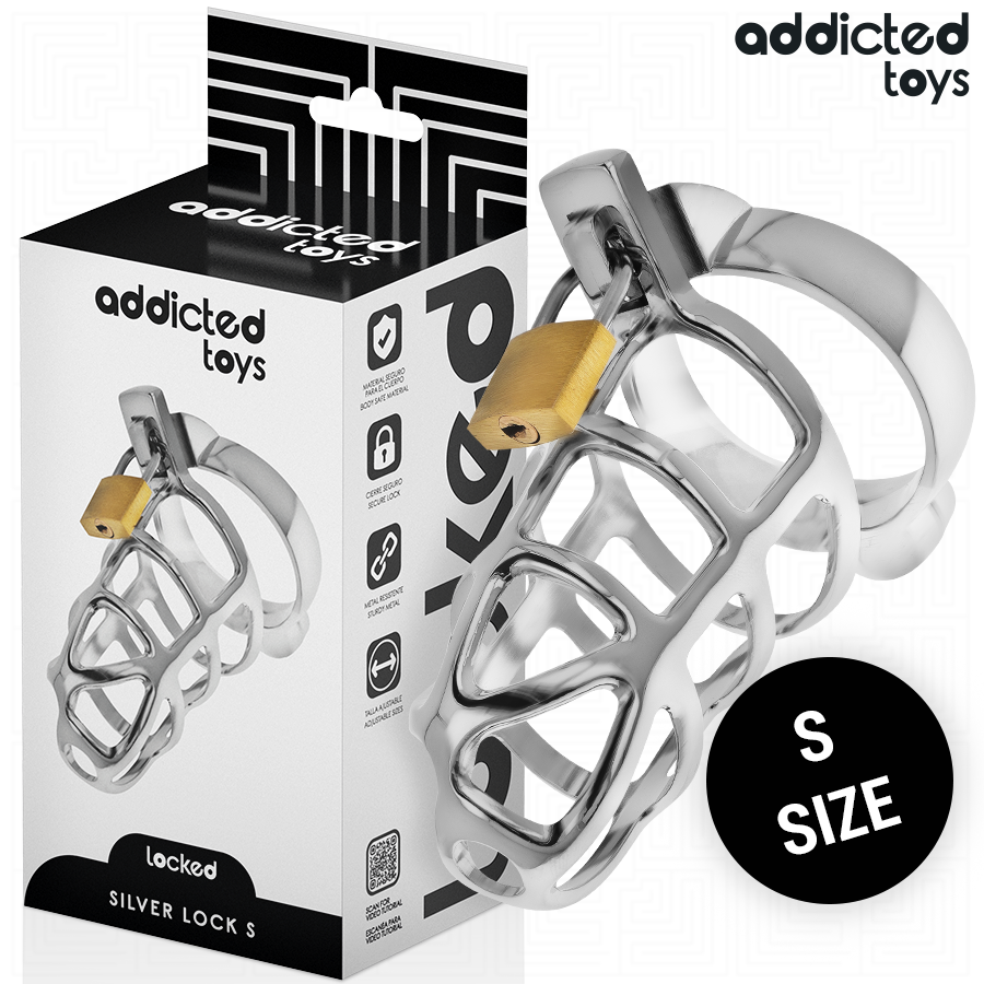 img_207145_f7cdbe8e6d86b0491cf22d7c5adb23ed_1.png ADDICTED TOYS LOCKED - GABBIA PER PENE IN METALLO CON BLOCCAGGIO ARGENTO TAGLIA S - immagine 1